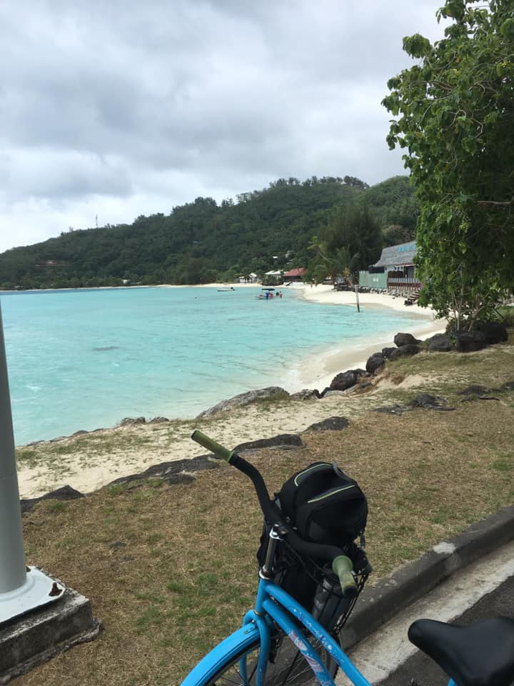 Dave and I rented bikes in Bora Bora and stopped at many beautiful beaches like the one pictured with white sand and crystal clear blue water.