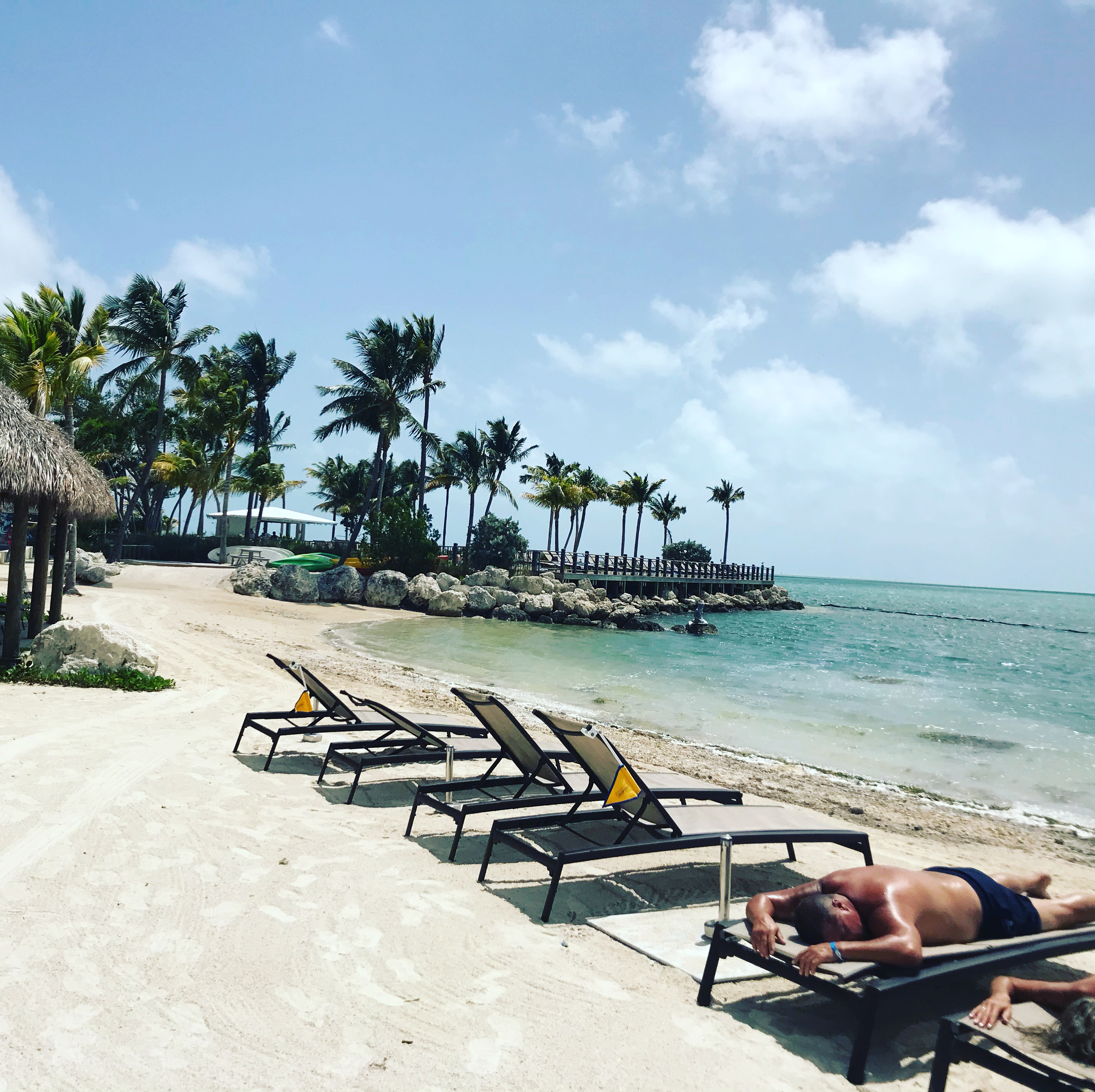 Sunbathing by the white sandy shores at a resort in Islamarodo, Florida Keys with palm trees swaying in the breeze.